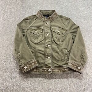 White House Black Market Denim Jacket Womens 8 Green Embroidered‎ Stretch